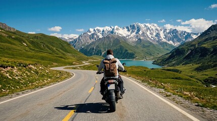 Obraz premium A biker rides a motorcycle on a scenic mountain road