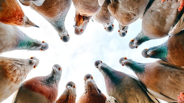 Curious Gaze from Above: A gathering of pigeons, observed from a low angle, presents a circle of curious eyes and inquisitive beaks, their collective gaze creating a captivating perspective.