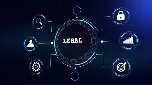 Modern corporate legal framework and financial strategy visualization, high tech glowing hud elements with seamless blue animation for industrial business use