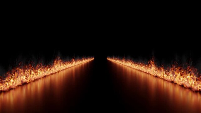 Perspective Path of Continuous Burning Fire with Reflection - 3d 4k animation (3840 x 2160 px)