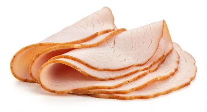 A stack of sliced turkey breast on a white background