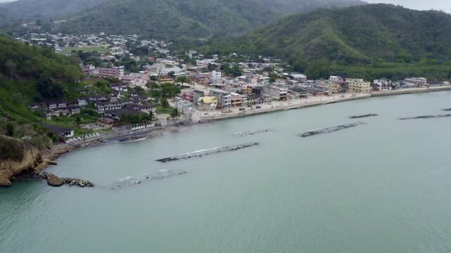Sua, Ecuador, 30-12-2021, aerial view over a small fisherman village of the Pacific ocean in Ecuador