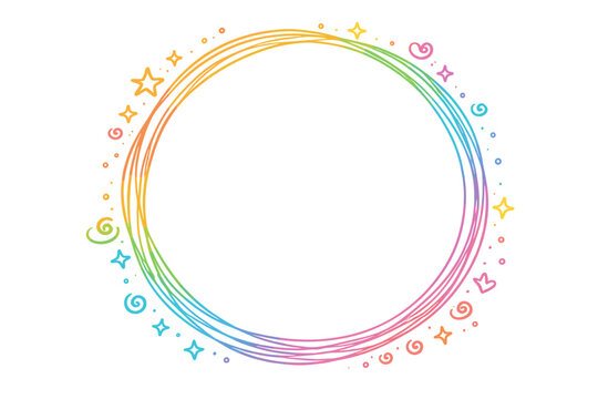 Vibrant Rainbow Gradient Round Line Frame with Hand-Drawn Doodle Stars and Swirls; Fun Children's Circle Shape Border for Kids Invitations, School Projects, and Creative Graphic Design Vector Art