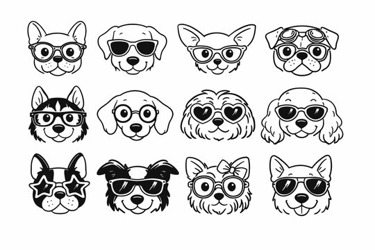Set of Cute Dog Faces Wearing Different Glasses and Sunglasses Line Art Doodle Style Vector Illustration. Featuring Various Breeds Like French Bulldog, Pug, Husky, Labrador, and Corgi for Design.