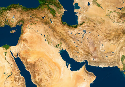 Satellite image of middle east, iran, saudi arabia, syria, kuwait, bahrain, qatar, uae, oman, basrah, ıraq, Iran