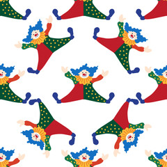 Naklejka premium Seamless pattern with a CIRCUS theme. Circus clown character. Flat cartoon style