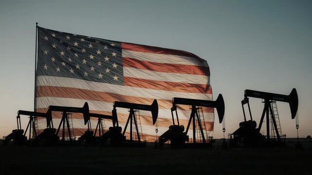 Oil pump jacks silhouetted against large United States flag at sunset