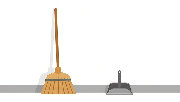 Broom and dustpan on a clean floor in minimalist style  