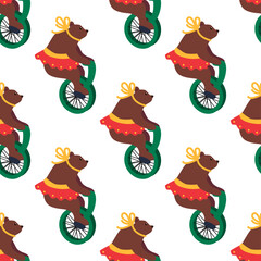 Obraz premium A seamless pattern with a CIRCUS theme. A circus bear character on a bicycle. Flat cartoon style