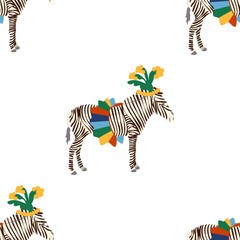 Obraz premium Seamless pattern with a CIRCUS theme. Circus zebra characters. Flat cartoon style