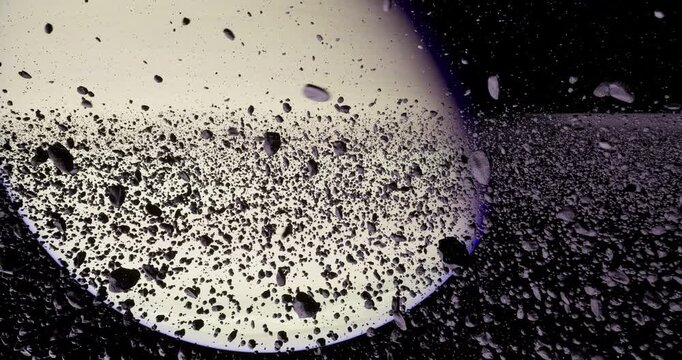 A planet looms large in the foreground while numerous asteroids float in the dark void of space. This captivating view showcases the vastness and beauty of the universe.