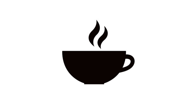 Hot coffee or tea cup icon with rising steam, minimalist black silhouette graphic element on a clean white background, digital design resource