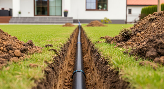 Black polyethylene pipe in a trench across green lawn freshly dug ditch for underground utilities installation on a grassy yard