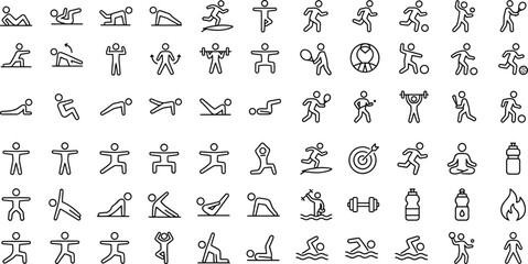 Fototapeta premium Minimal line icons set of fitness exercises and sports activities featuring stick figures workout poses, yoga, running, training, gym and healthy lifestyle