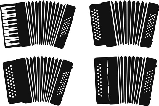 Accordion musical instrument multiple poses silhouette vector illustration set