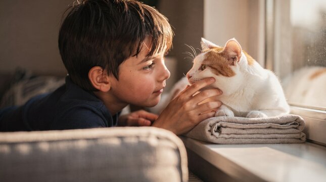 Young boy gently petting cat by window at home