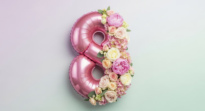Elegant floral number eight balloon arrangement with pastel roses and peonies for International Women's Day celebration