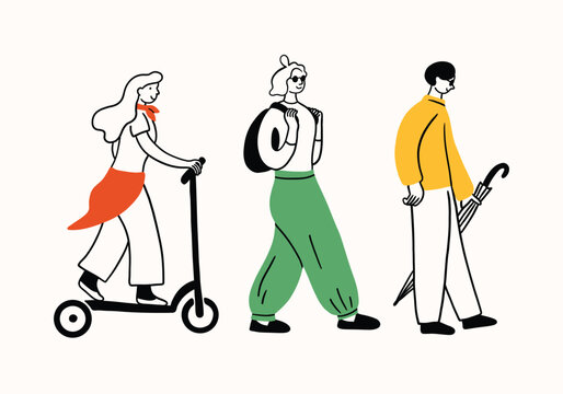 People walking. Simple funny contour doodle style illustration, different characters, line illustration. Men, women and teenagers on a walk, riding a scooter. Print, sketch, scribble modern urban art.
