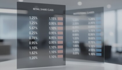 Fototapeta premium Focus on currency differences between retail and institutional share class panels medium shot showing clear numbers in one panel soft outoffocus surroundings.