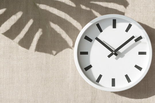 Modern minimalist wall clock with sharp plant shadows on beige linen texture background.