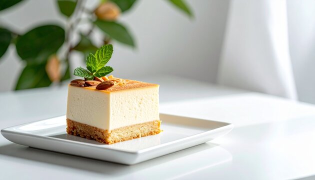 Minimal composition with a pistachio cake slice on a white background.
Green nut texture and cream layers create a premium refined look.