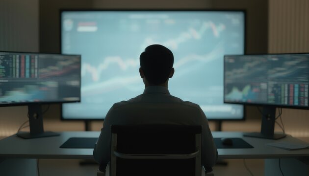 Focused medium shot of a dealer monitoring bond yields on a primary screen while stock indices on adjacent displays remain softly blurred showcasing multiasset management.