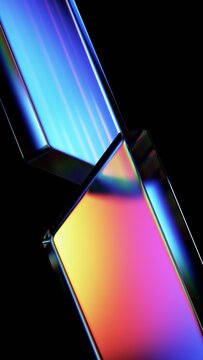Abstract iridescent reflections on a glass surface, vertical 3d render
