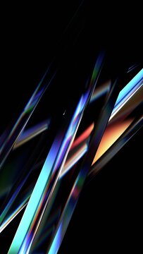 Abstract iridescent glass lines on a black background, vertical 3d render