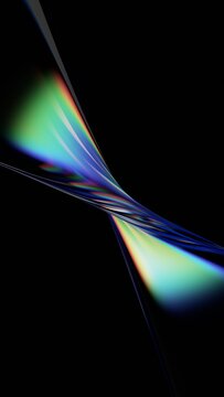 Abstract iridescent glass curved shapes on a black background, vertical 3d render