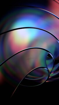 Abstract iridescent glass curved shapes on a black background, vertical 3d render