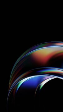 Abstract minimalist glass shape on a black background with color refraction effect, vertical 3d render