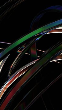 Abstract glass structure, iridescent curved lines on a black background, vertical 3d render