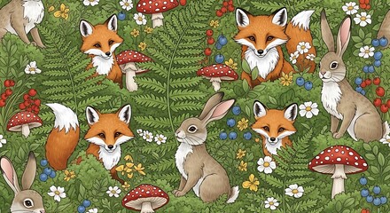 Fototapeta premium Whimsical forest scene with foxes, rabbits, mushrooms, and foliage
