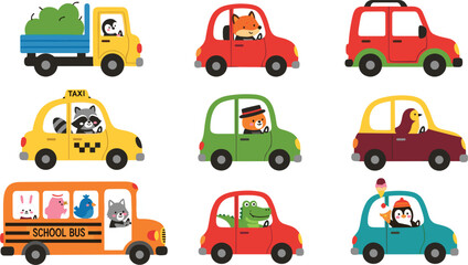Cute Cartoon Animals Driving Colorful Vehicles Vector Set Including School Bus Taxi Truck and Small Cars for Kids Transport Graphic Design © Rajib