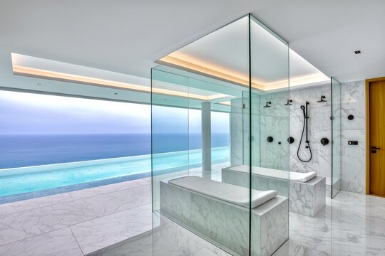Luxurious marble shower area with a panoramic view of an infinity pool and the ocean