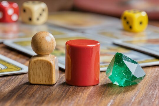 Various game components: wooden figurine, red cylinder, and green crystal on a table