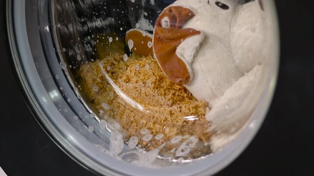 Stuffed animal toy washing and spinning in laundry machine. Close-up view of a plush toy animal spinning and tumbling inside a washing machine drum during a cleaning cycle, with soapy water