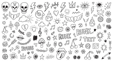 Fototapeta premium Hand-Drawn Doodle Sticker Sheet With Punk Skulls, Hearts, Music Notes and Rock Icons