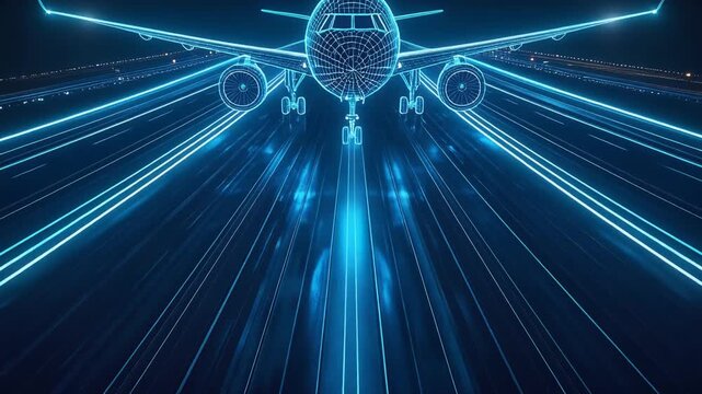 Commercial passenger airplane glowing in blue neon light on runway at night