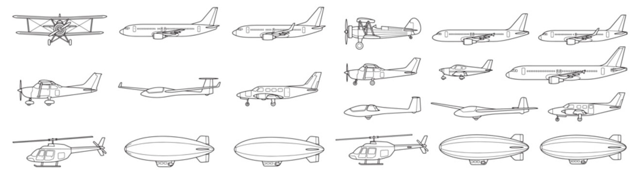 Set of Airplane and Aircraft Line Drawings: Jets, Prop Planes, Biplanes, Helicopters and Blimps