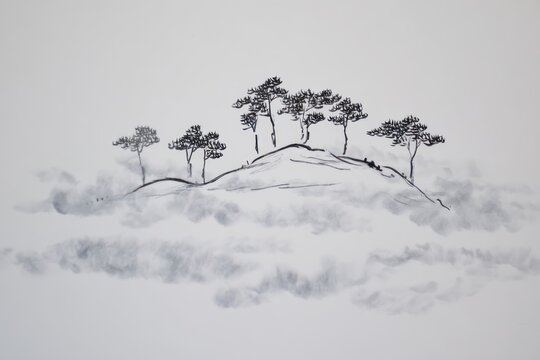 Ink sketch of trees atop a hazy mound, surrounded by whispy fog. A minimalist landscape