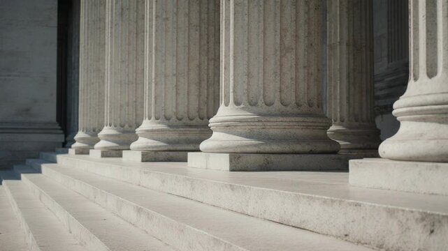 Classical stone columns and steps of monumental government building facade