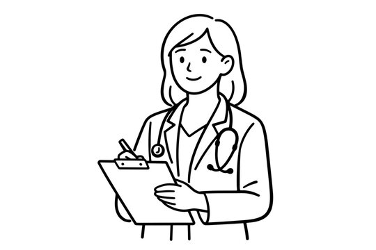 Simple line art illustration of a female doctor or medical professional wearing a lab coat and stethoscope, holding a clipboard and pen, minimalist healthcare worker vector for clinical design.