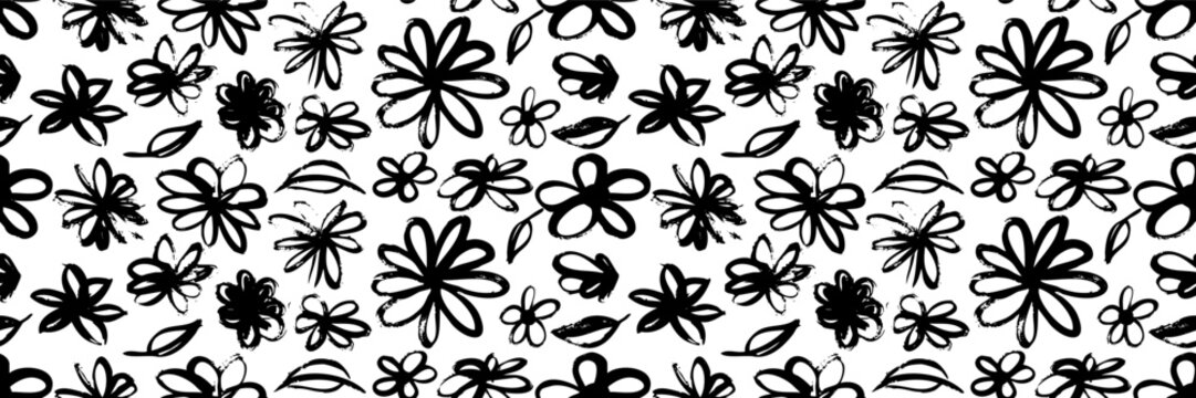 Ink brush stroke flowers seamless pattern