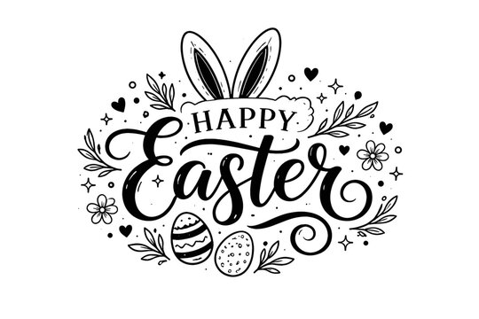 Joyful Resurrection Day Manual Scripting with Rabbit Features and Painted Shells. Monochrome Line Imagery with Botanical Motifs, Valentines and Twinkles for Springtime Salutations.