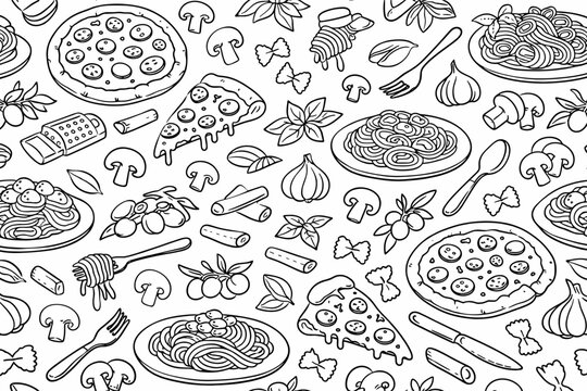 Hand Drawn Italian Food Seamless Pattern Vector with Pizza, Pasta, Spaghetti, Mushrooms, Garlic, Olives, Basil, and Cutlery. Outline Doodle Sketch for Restaurant Menu, Wallpaper, and Coloring Page.