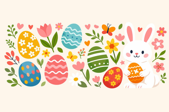 Happy Easter horizontal banner with cute white bunny holding an orange egg, colorful decorated Easter eggs, spring flowers, tulips, daisies, butterflies, and green leaves on a light background.