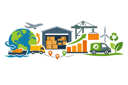 Sustainable Global Logistics and Green Supply Chain Management Concept with Eco-friendly Transportation, International Shipping, Warehouse Storage, Cargo Delivery and Business Growth Symbols.