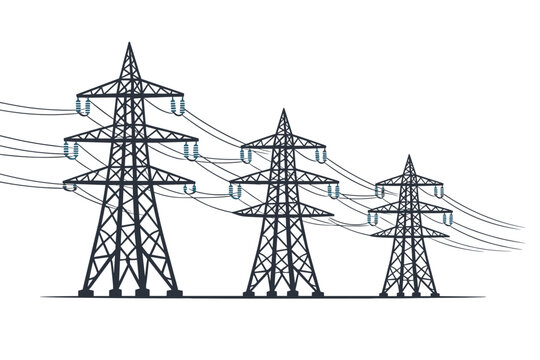 High voltage power transmission towers with electrical lines and electricity grid infrastructure vector illustration isolated on white background for energy, utility, and industrial concepts.