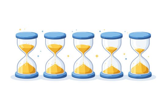 Isometric hourglass set with different sand levels showing countdown time limit and deadline progress concept. Vector illustration of sandglass timers for business management and productivity.